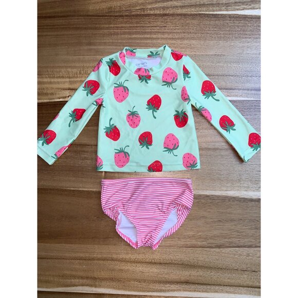 Carters Just One You Baby Girl Strawberry Rash Guard Striped Bottom Swimsuit Set - Picture 1 of 11